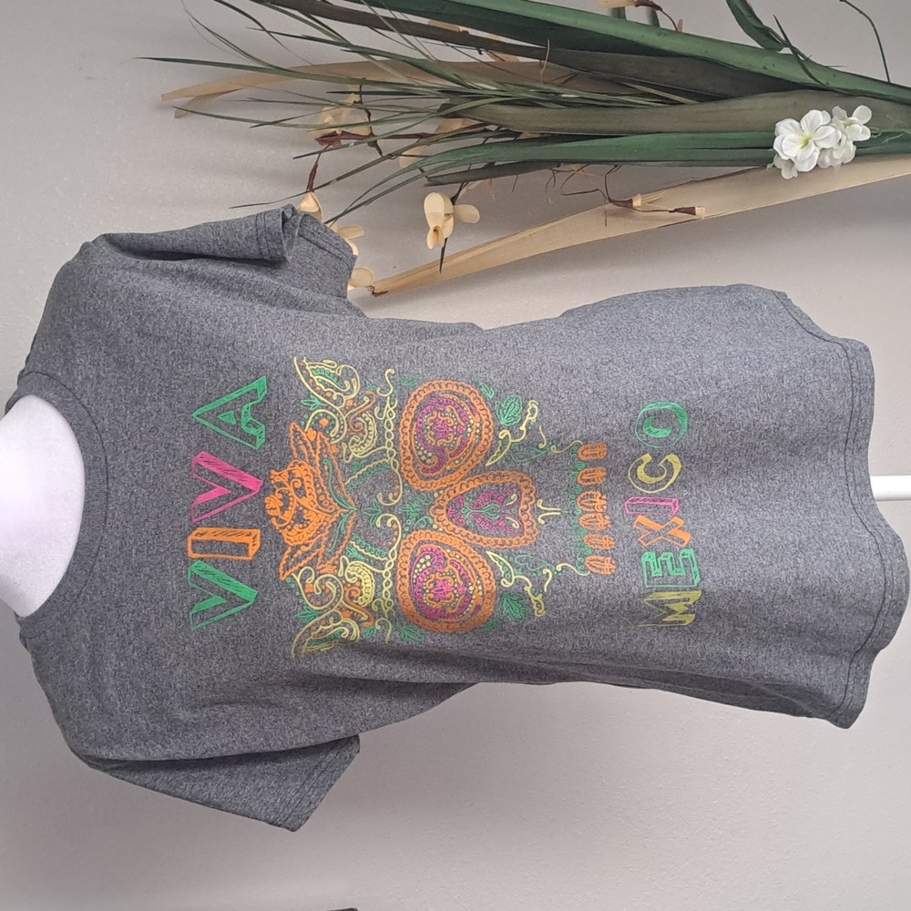 Mexican Youth Girls T-Shirt Viva Mexico Gray Multicolor Skull XL